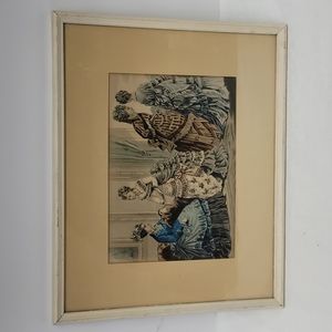 Antique set of two framed  Paris fashion advertisements hand coloured